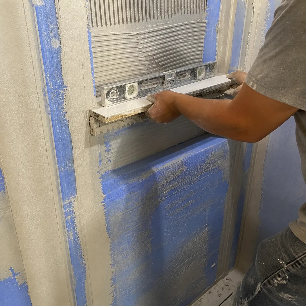 Contractor using a level to install tile during bathroom renovation