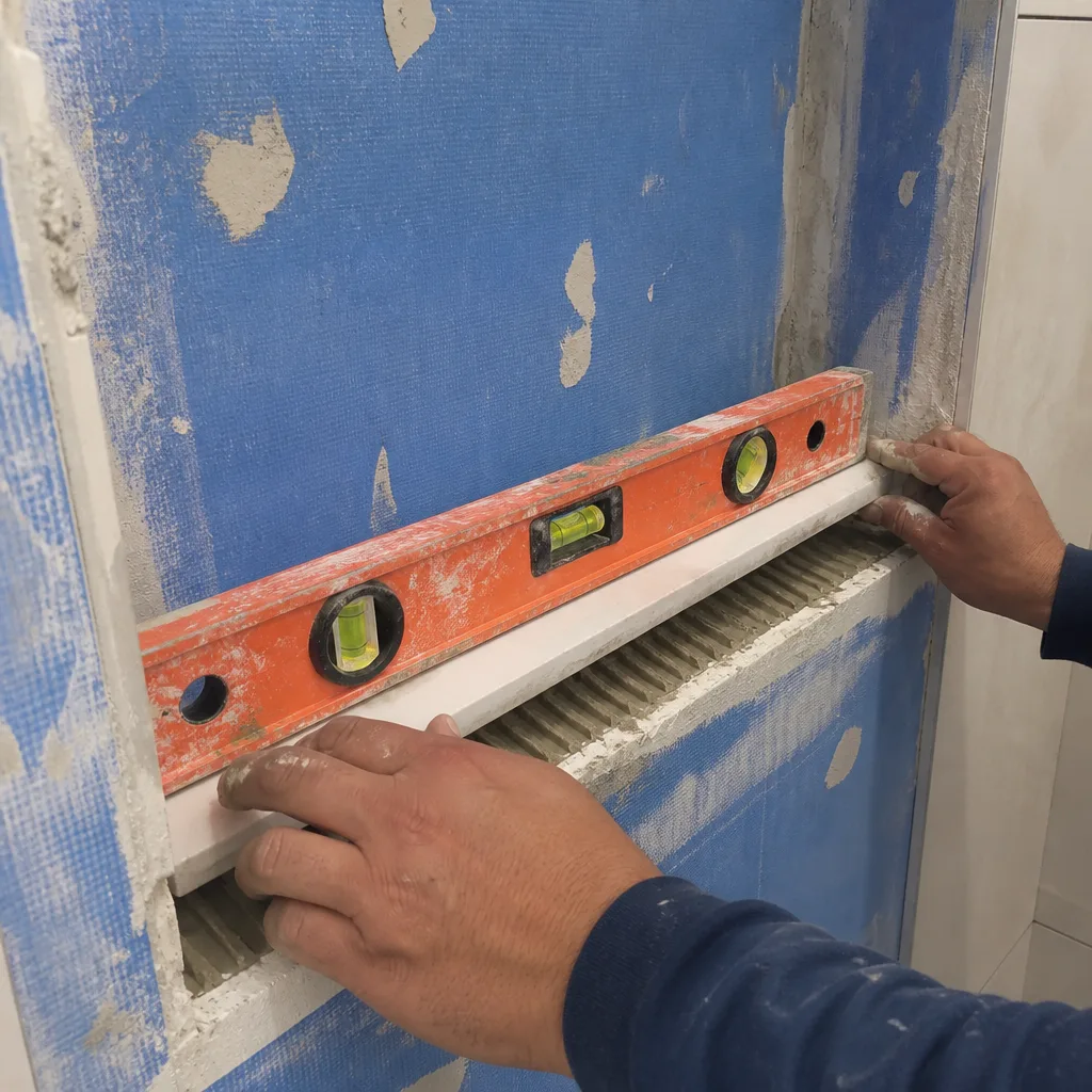 Contractor using a spirit level during bathroom shower niche installation