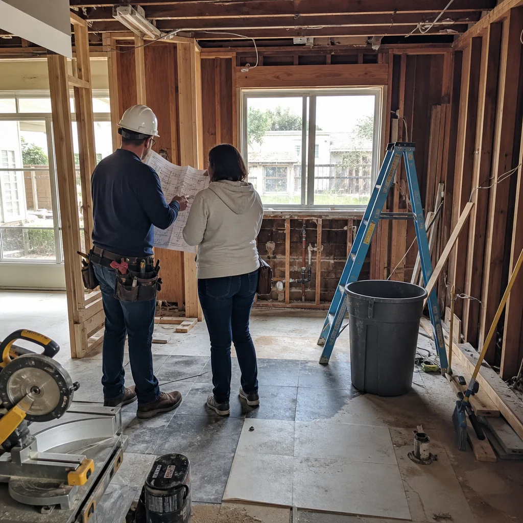 General contractor and client reviewing blueprints at a home construction site
