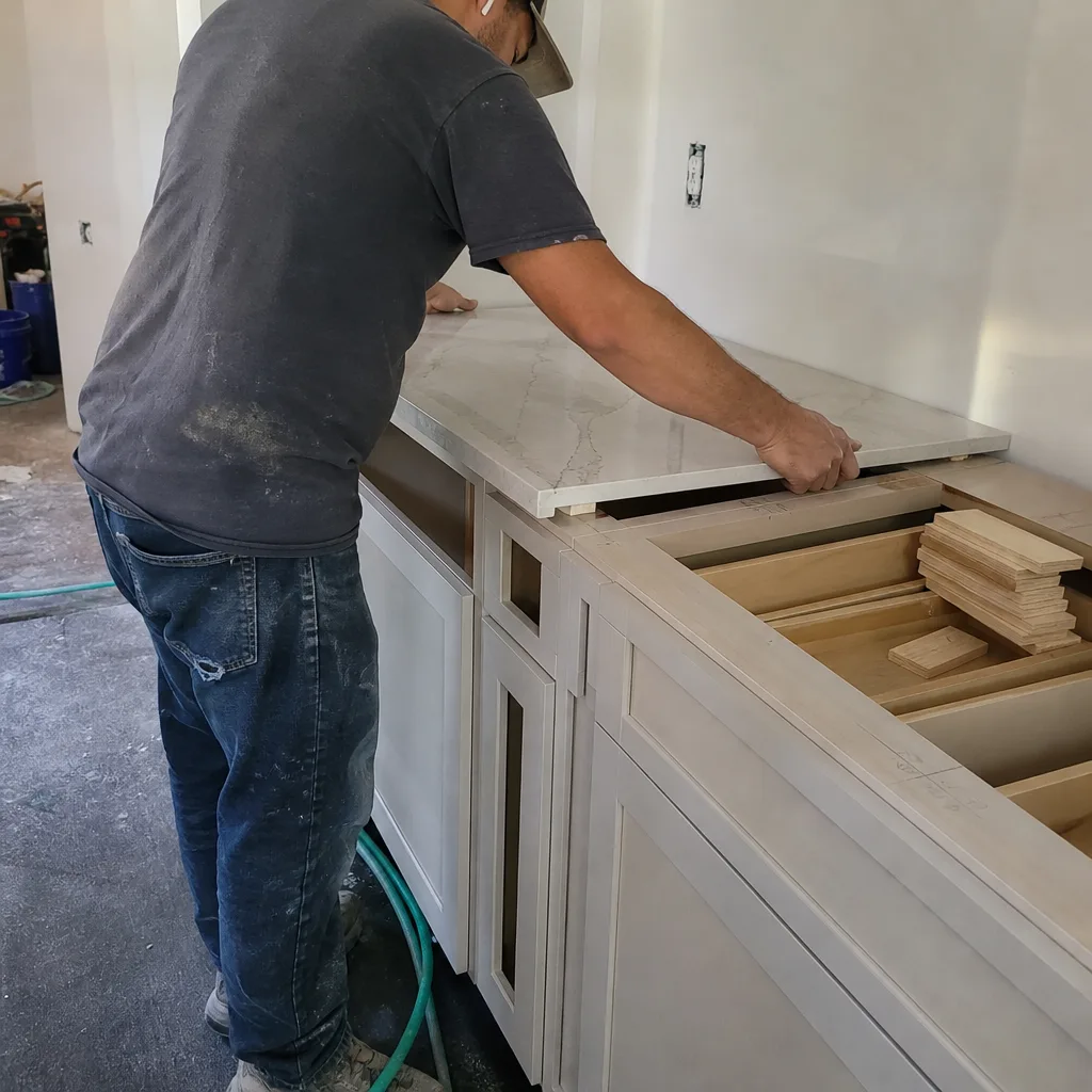 Contractor installing marble countertop on new kitchen cabinets