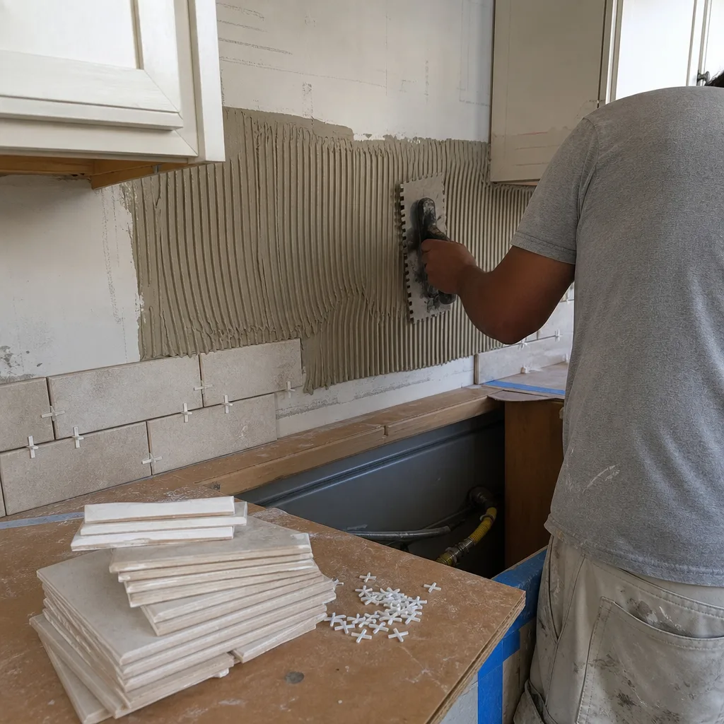 Contractor applying mortar for kitchen backsplash tile installation