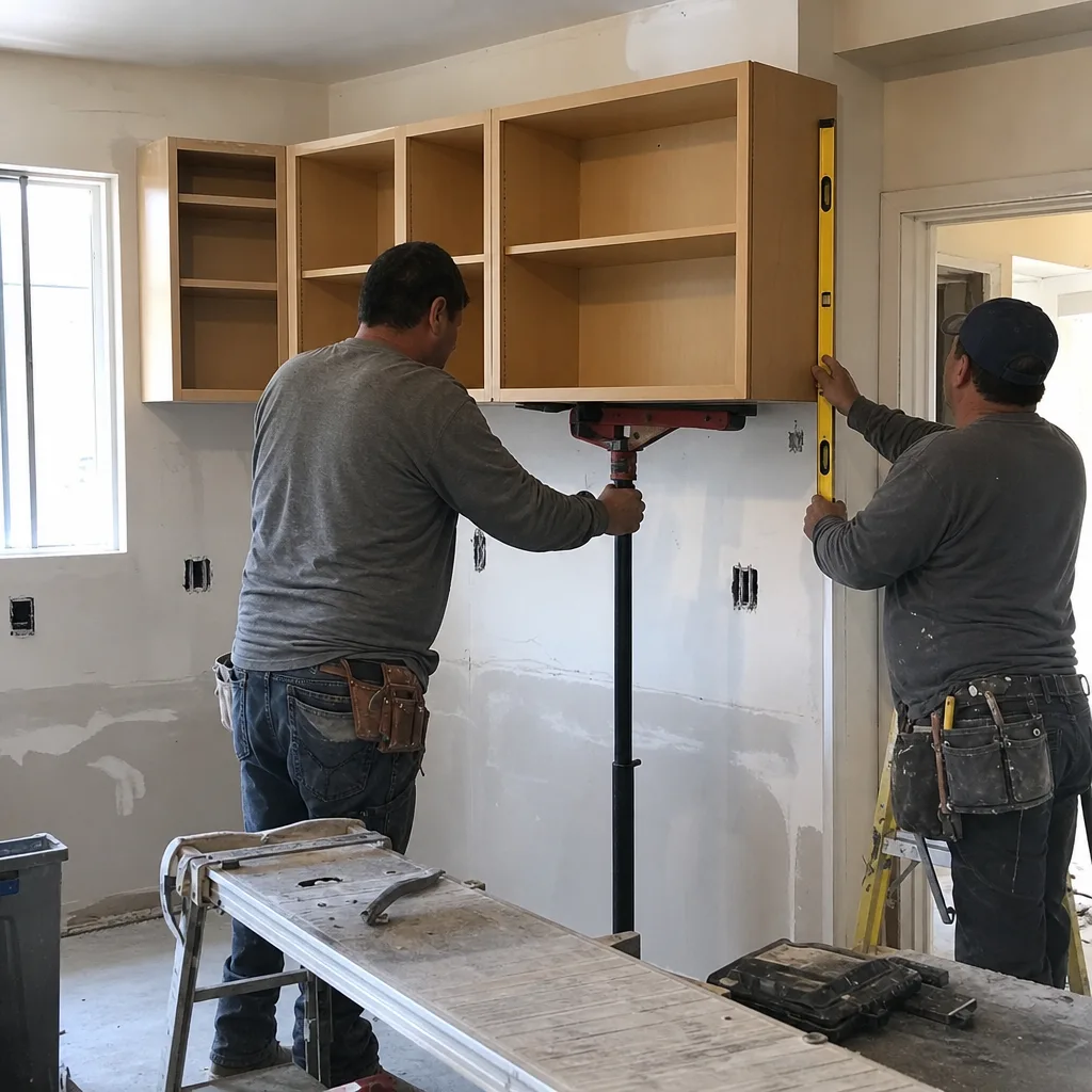 Two professional contractors installing kitchen wall cabinets during a home remodel