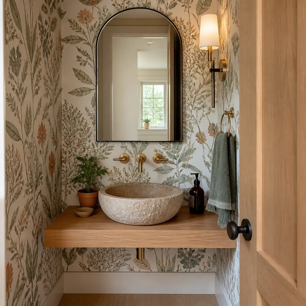 A powder room with botanical wallpaper and a stone sink